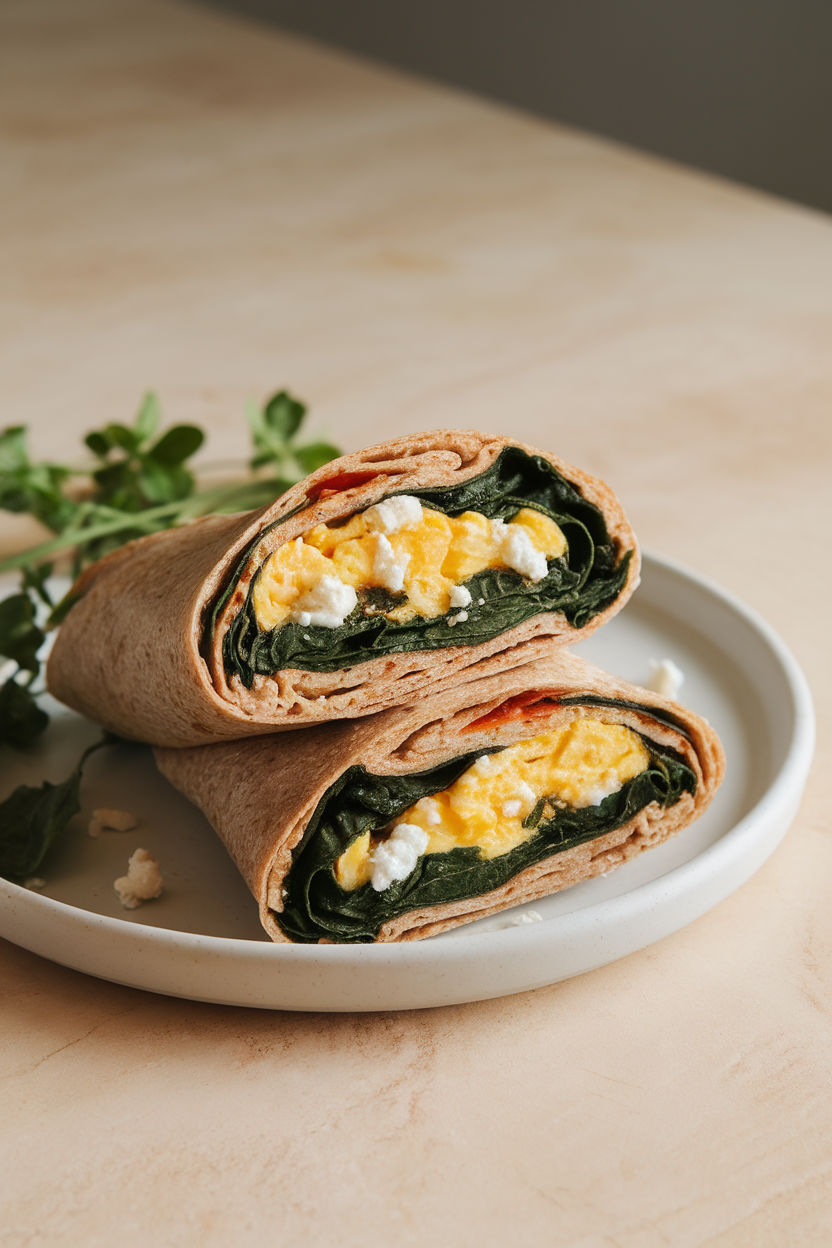 Indoor photo of a sliced whole-grain wrap filled with wilted spinach, scrambled egg, and crumbled feta, no text or logos.