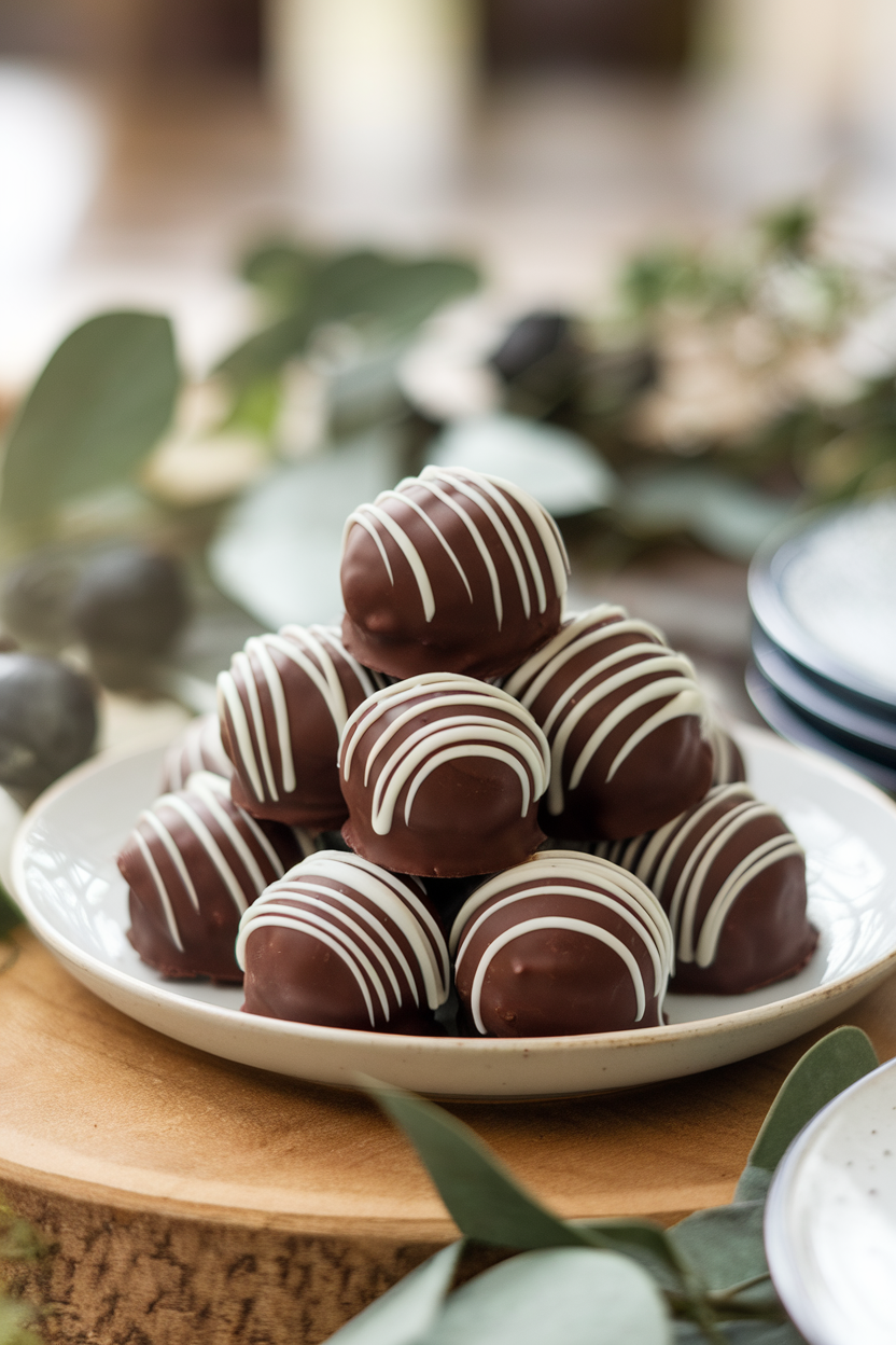 Indoor photo of chocolate-coated Oreo truffles with white chocolate drizzle, arranged pyramid style, no text or logos