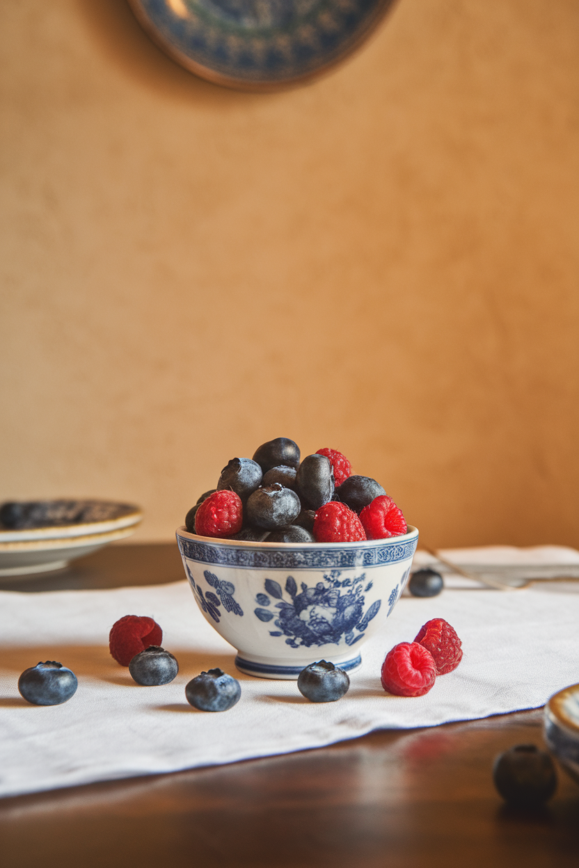 An indoor dining table with a small porcelain bowl overflowing with ripe blueberries and raspberries, no text or logos.