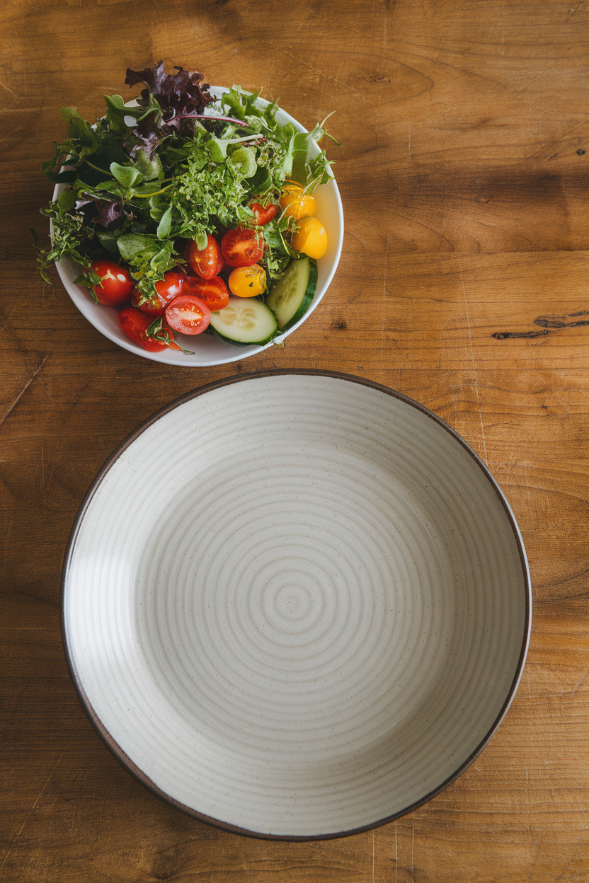 Indoor photo showing a small salad plate filled with colorful food beside a larger dinner plate that looks emptier with the same amount; no text or logos.