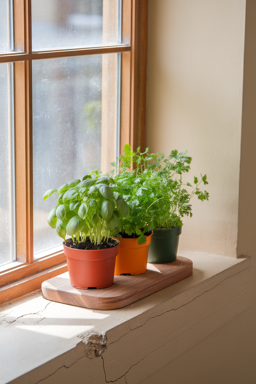 Small indoor pots of basil, parsley, and cilantro on a sunlit windowsill; no text or logos; photo