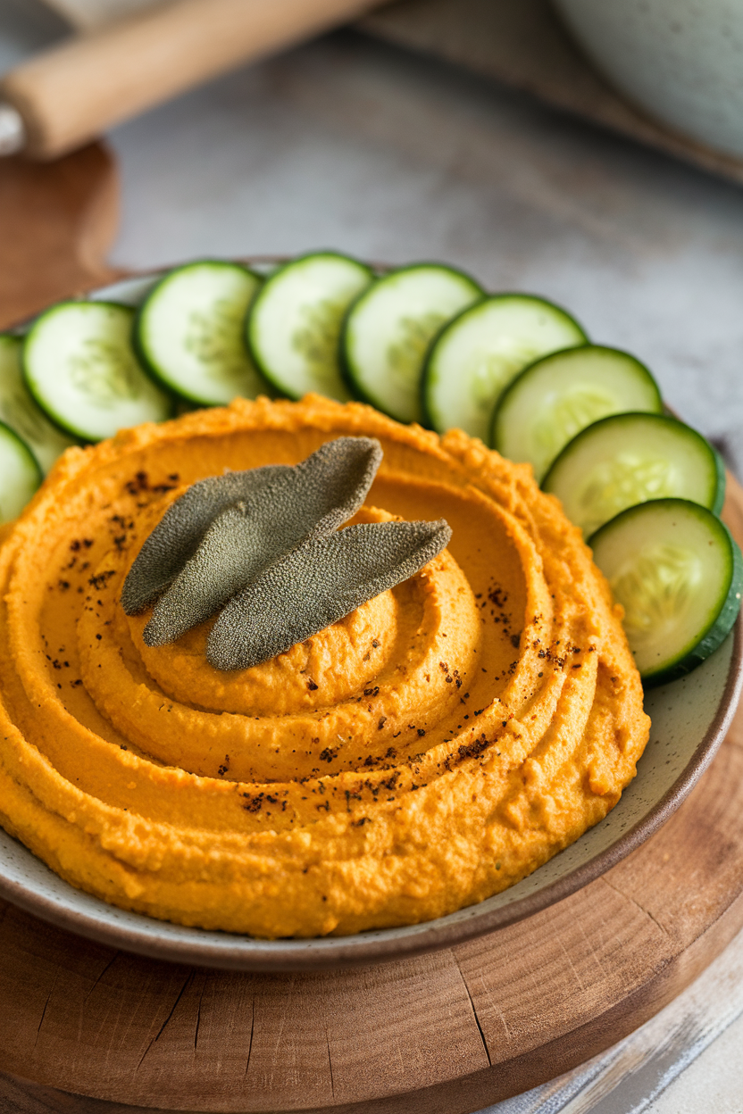 Indoor photo of golden butternut hummus swirled in a shallow bowl, topped with crispy sage leaves and served with sliced cucumbers. No logos or text.