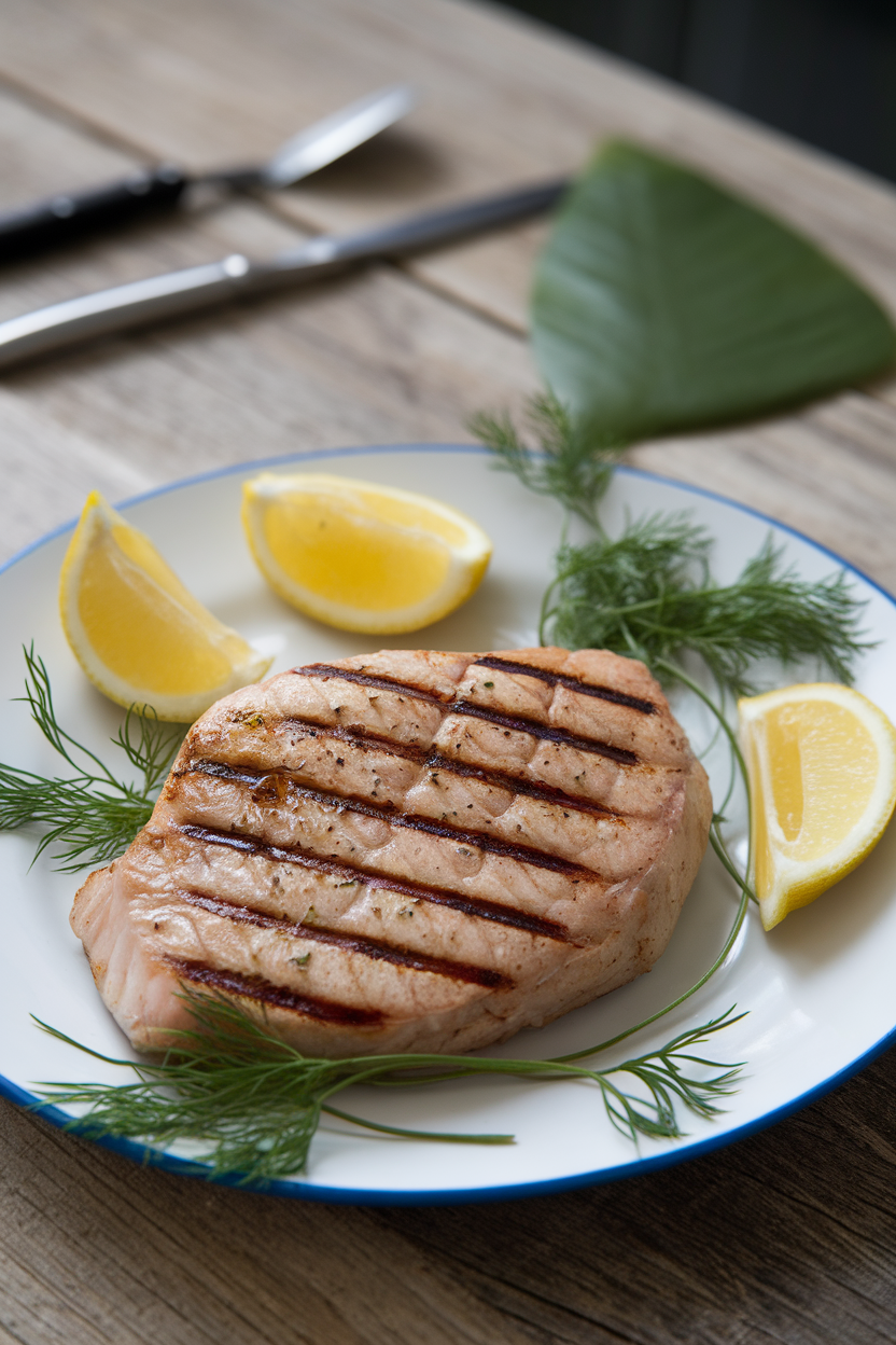 Photo of an indoor plate presenting cooked swordfish steak with grill marks, lemon slices, and fresh dill sprigs, no text or branding visible.