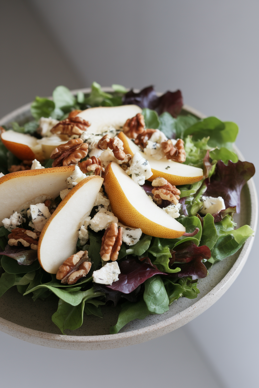 Indoor photo of mixed greens topped with sliced pears, crumbled Gorgonzola, and candied walnuts on a stoneware plate. No text or logos.