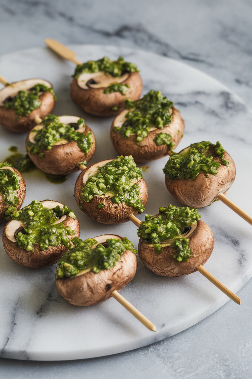 Indoor photo of button mushroom halves on mini skewers, brushed with green chimichurri sauce, plated on a marble slab. No branding or text.