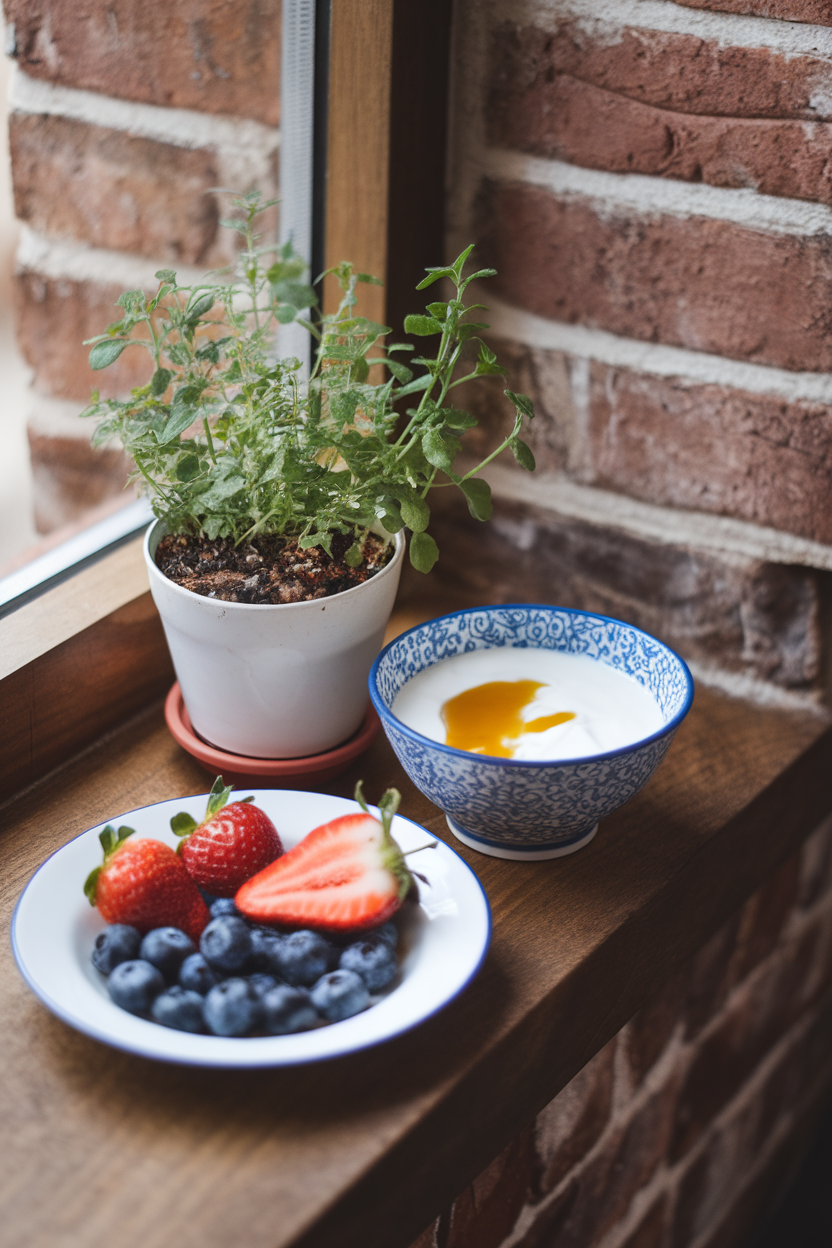 Indoor windowsill breakfast scene with a small potted herb plant next to a bowl of Greek yogurt and honey, no text or logos. Photo.