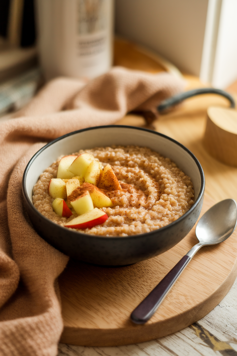 Cozy indoor bowl of quinoa porridge swirled with diced apples and a dash of cinnamon, photographed overhead. No text or logos.
