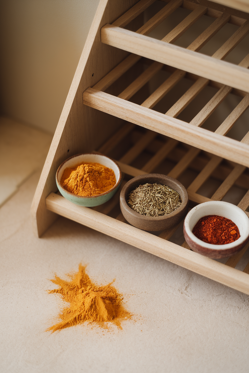 Indoor spice rack featuring small bowls of curry powder, za’atar, and chili blend—photo.