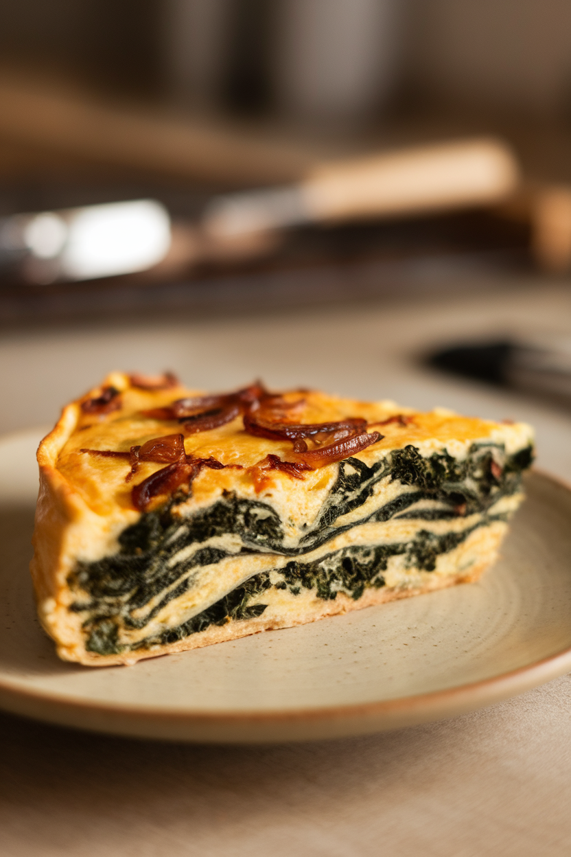 Indoor shot of a wedge of frittata showing ribbons of kale and sweet caramelized onions, placed on a neutral plate, no text or logos.