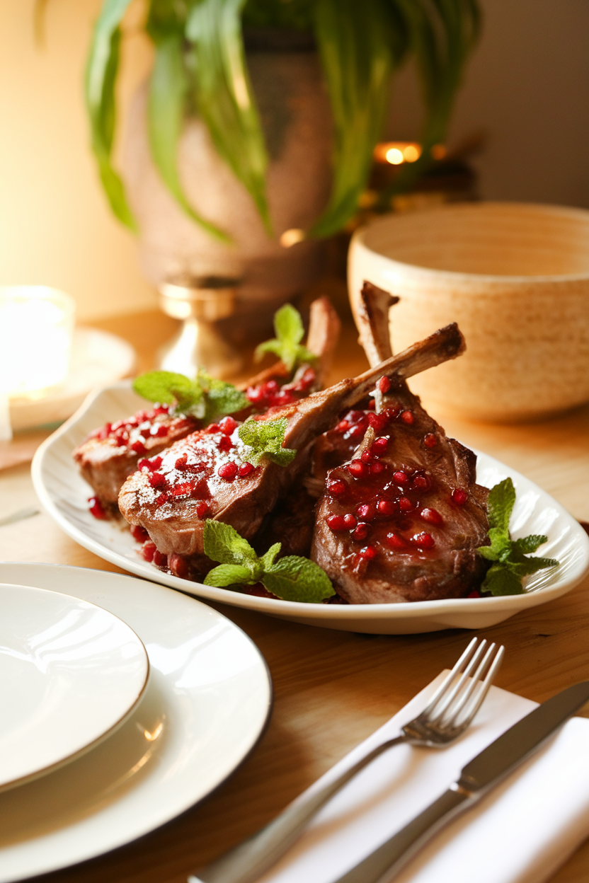 A warmly lit dining table showing seared lamb chops brushed with deep red pomegranate glaze, garnished with fresh mint leaves on a white platter. No text or logos anywhere. Photo only.