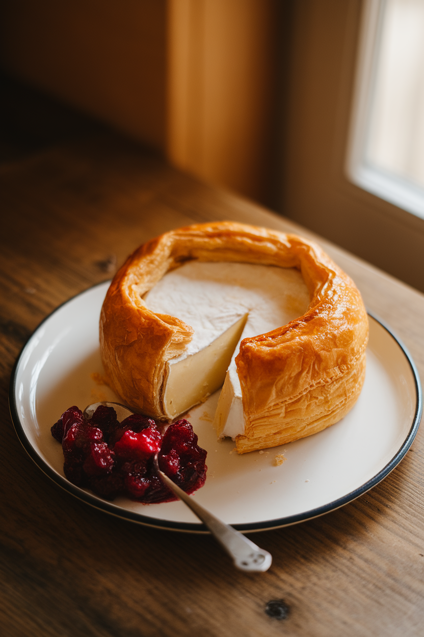 A warmly lit indoor table featuring a golden puff-pastry wrapped wheel of Brie, oozing slightly where it’s been sliced, with ruby-red cranberry compote spooned alongside on a white platter. No text or logos anywhere in the photo; shot from a slight overhead angle.