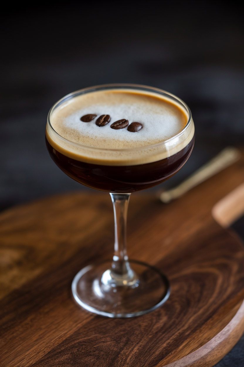 Indoor photo of coupe glasses holding dark espresso martinis with a crema foam layer and three coffee beans arranged on top. No text or logos.