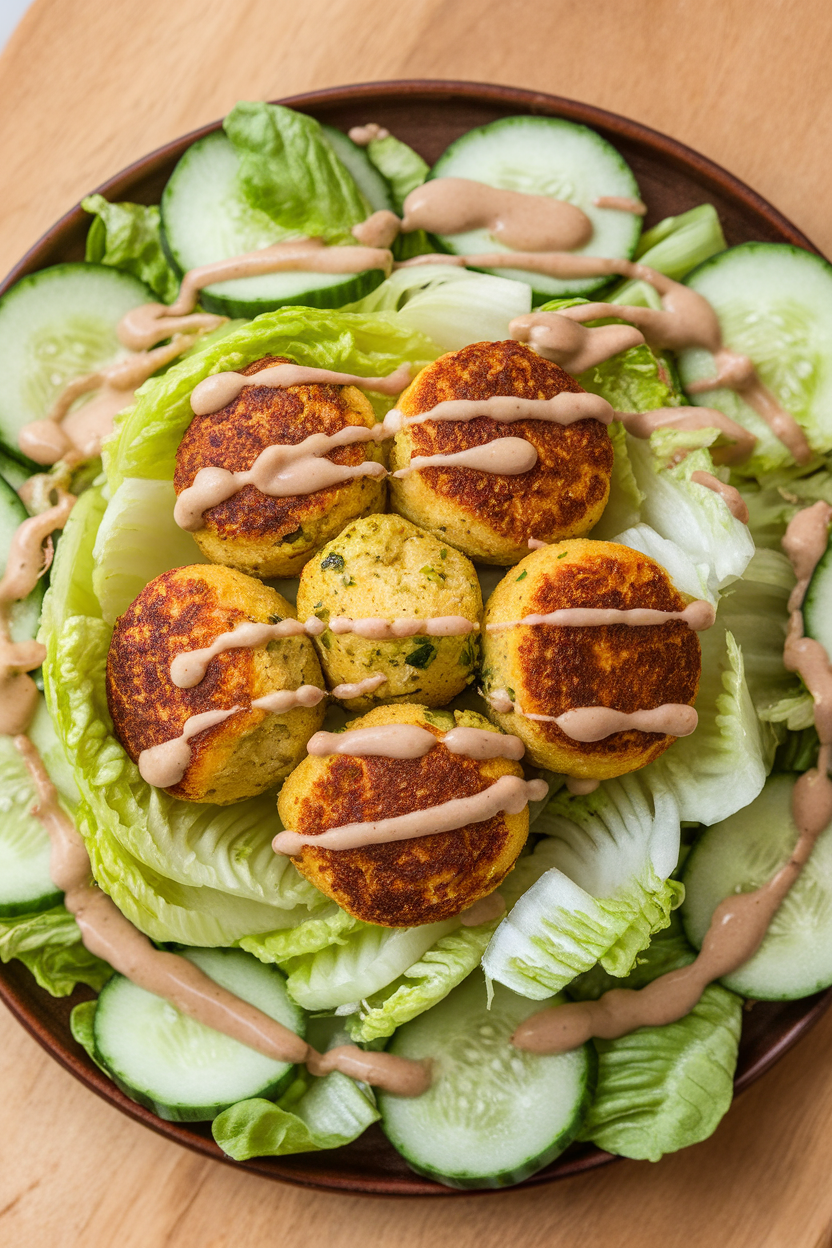 Indoor photo of golden baked falafel balls nestled among chopped romaine, cucumber slices, and a drizzle of tahini sauce. Overhead lighting, no text or logos.