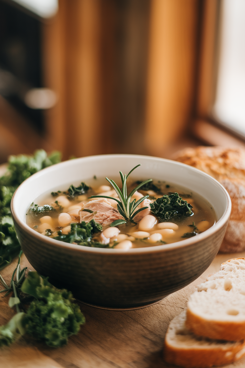 Indoor photo of a soup bowl filled with turkey, white beans, kale, and rosemary in a clear broth, no text or logos.