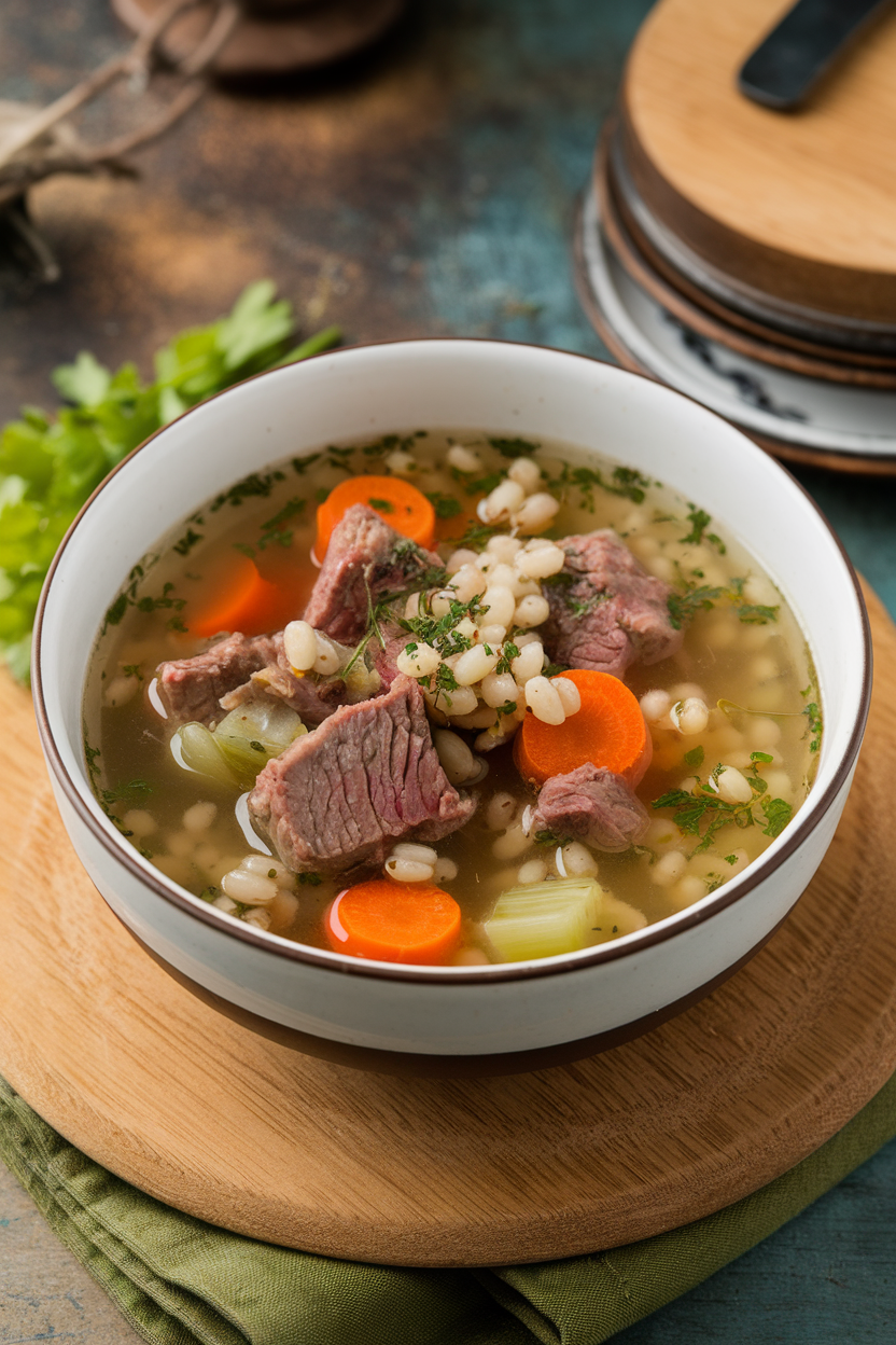 Indoor soup bowl showcasing beef chunks, pearl barley, carrot slices, and celery in clear broth. No logos; photo.