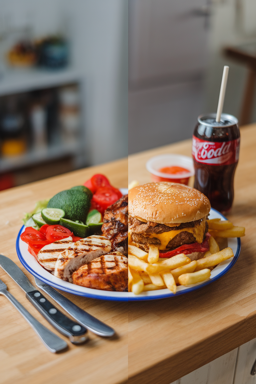 Indoor kitchen counter showing a split plate: half grilled veggies and chicken, half greasy fast food, no text or logos. Photo.