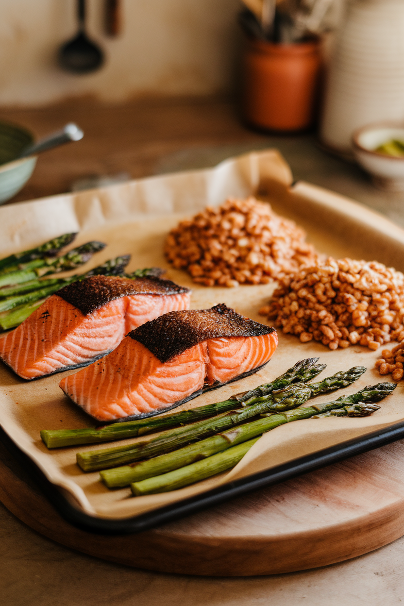 A parchment-lined indoor baking sheet featuring fully cooked salmon fillets, roasted asparagus spears, and a mound of farro. Warm lighting, no text or logos. Photo, not illustration.