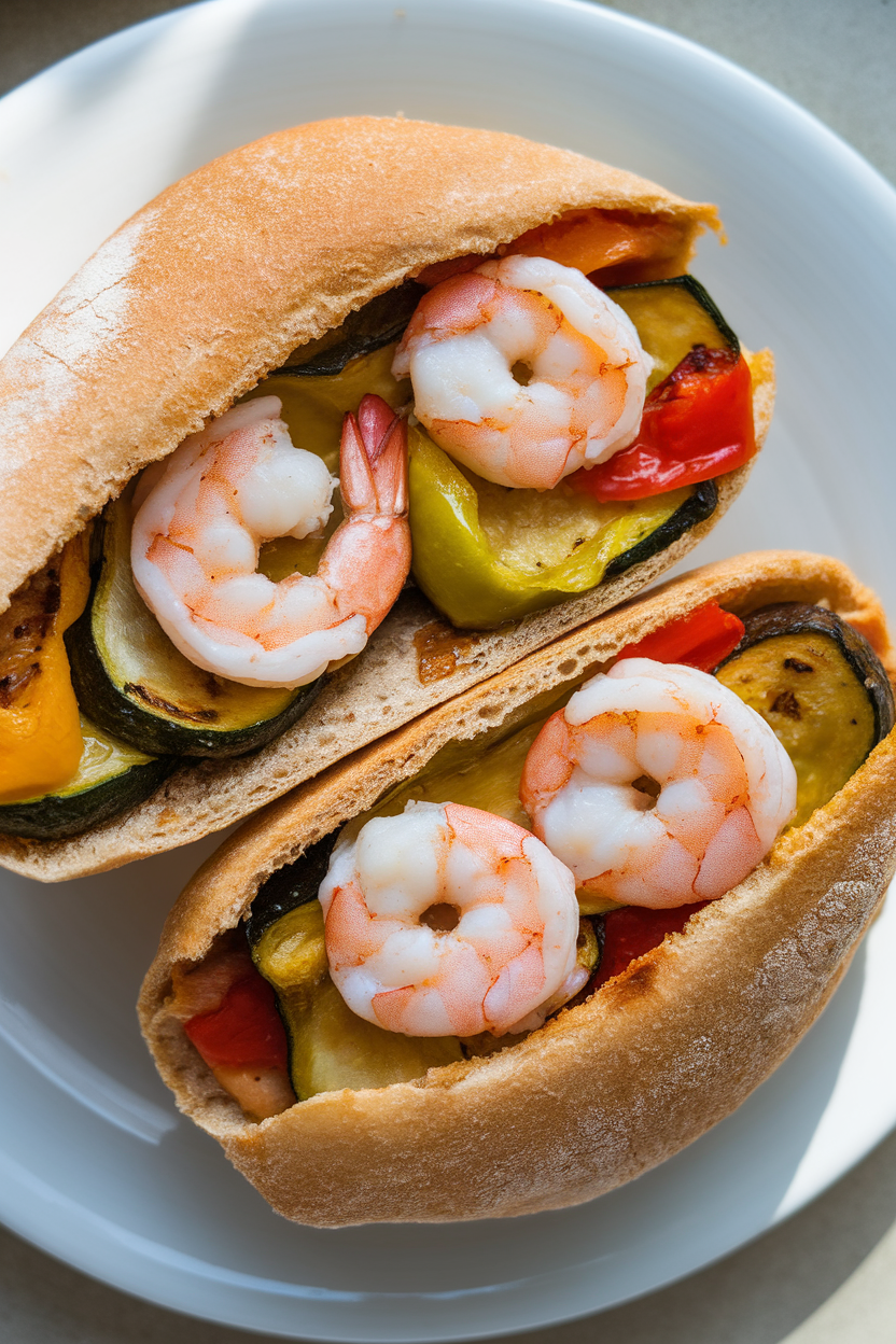 Indoor photo of whole-wheat pita halves filled with roasted zucchini, bell pepper, and garlic-shrimp; overhead light, no text or logos.