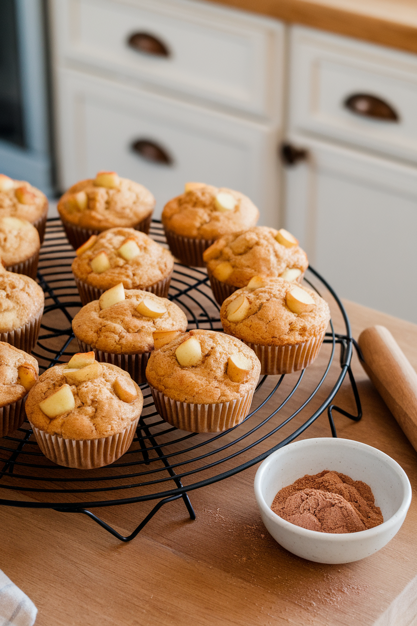 Indoor cooling rack with golden muffins dotted with apple pieces, a small bowl of grated cinnamon nearby. No text or logos present.