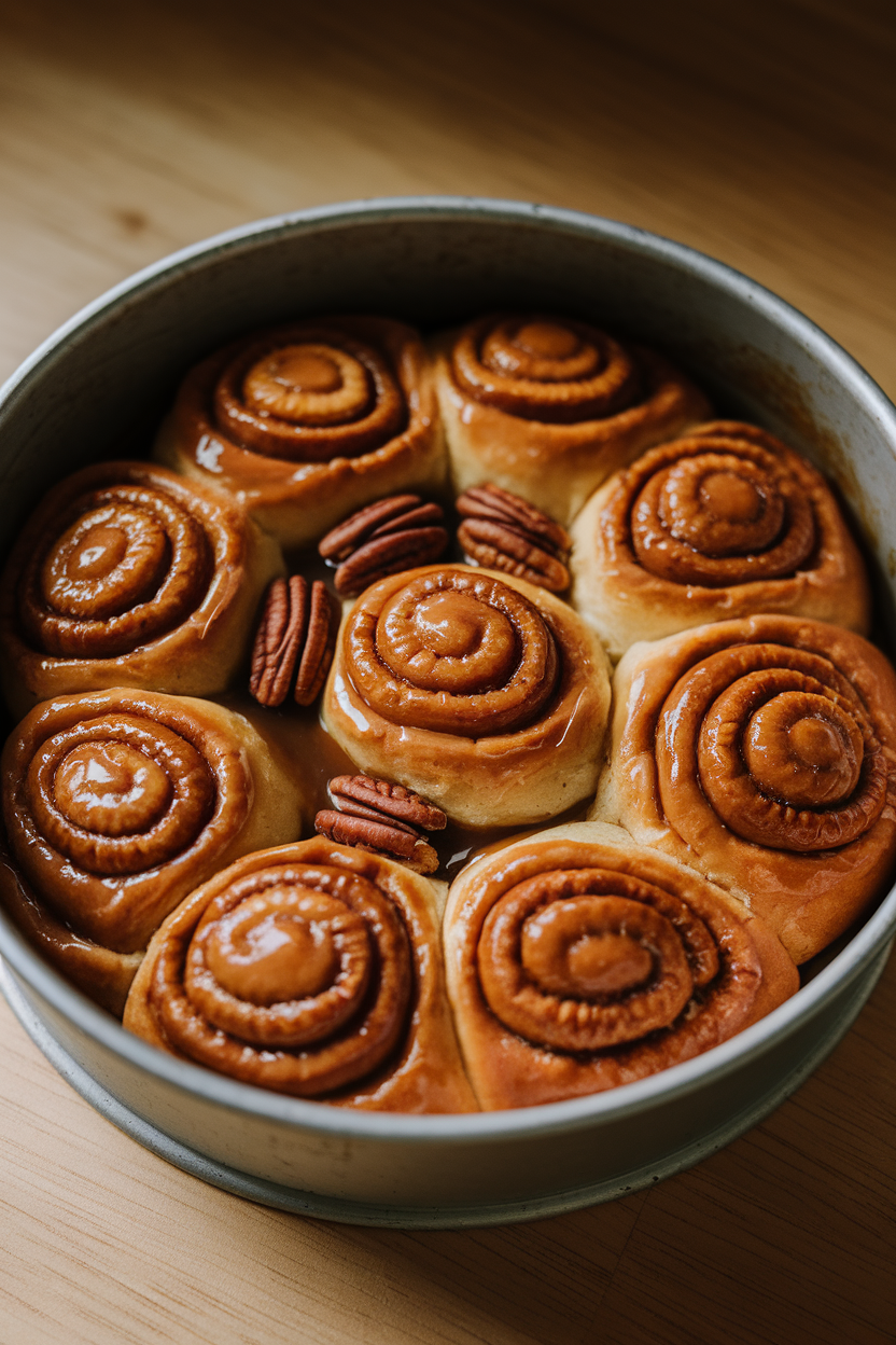 Photo of a round cake pan of pecan praline sticky buns, gooey caramel pooling around toasted pecans, shot indoors under warm light. No text or logos visible.