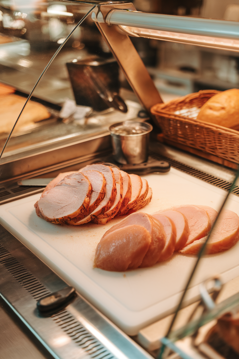 Indoor deli counter scene showing sliced turkey next to sliced fresh chicken breast for comparison—photo, no branding.