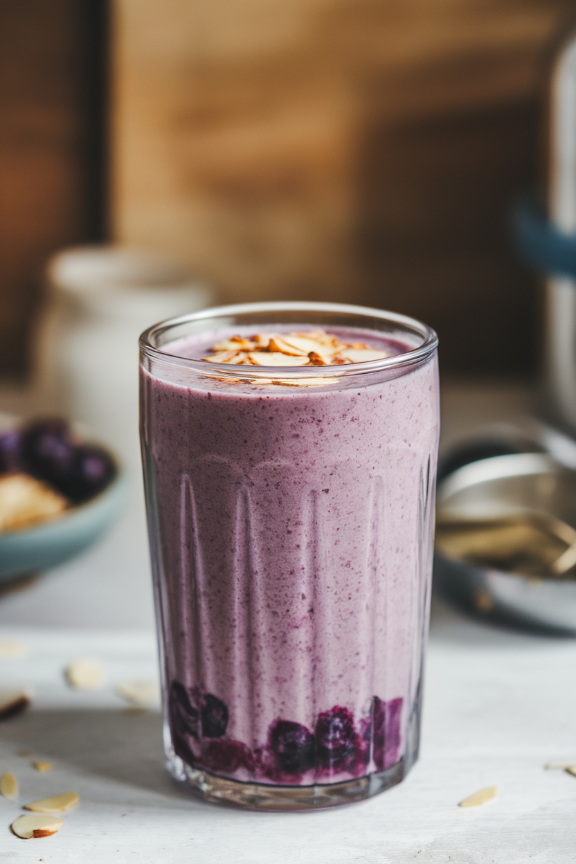 Indoor photo of a tall glass of purple smoothie with a sprinkle of sliced almonds on top. No text or logos.