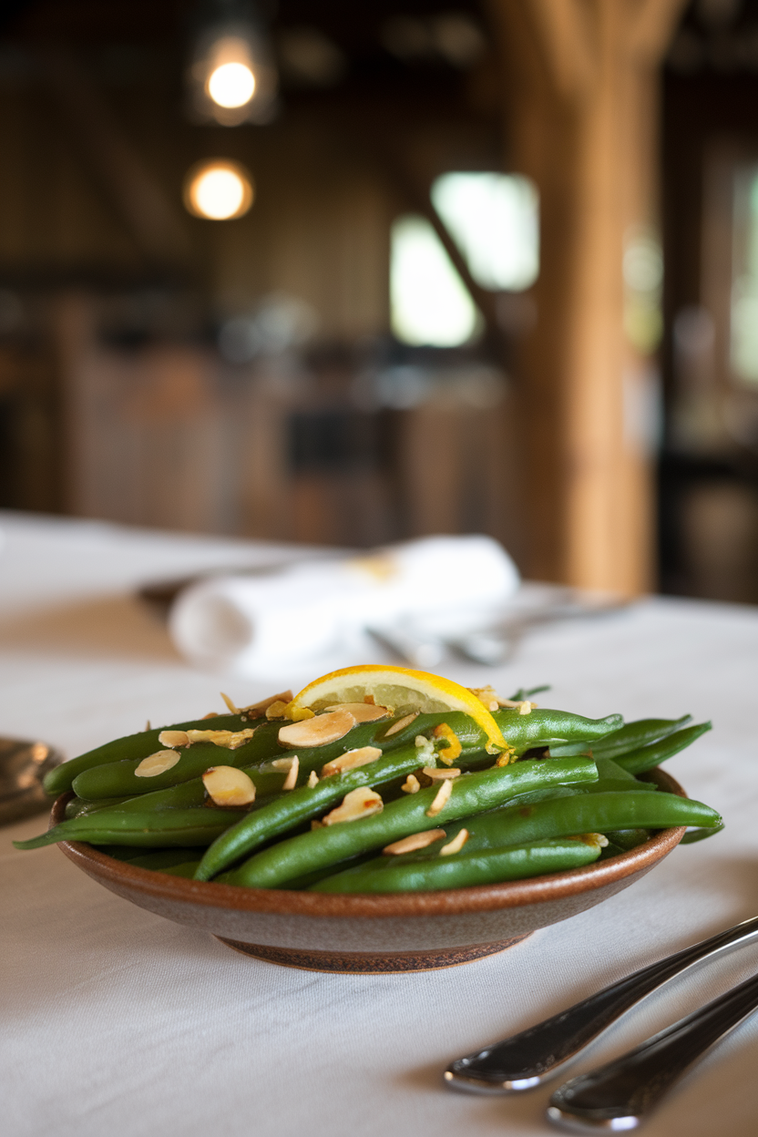 A shallow bowl of bright green beans topped with toasted almond slices and lemon zest, set on an indoor dining table. No text or logos.