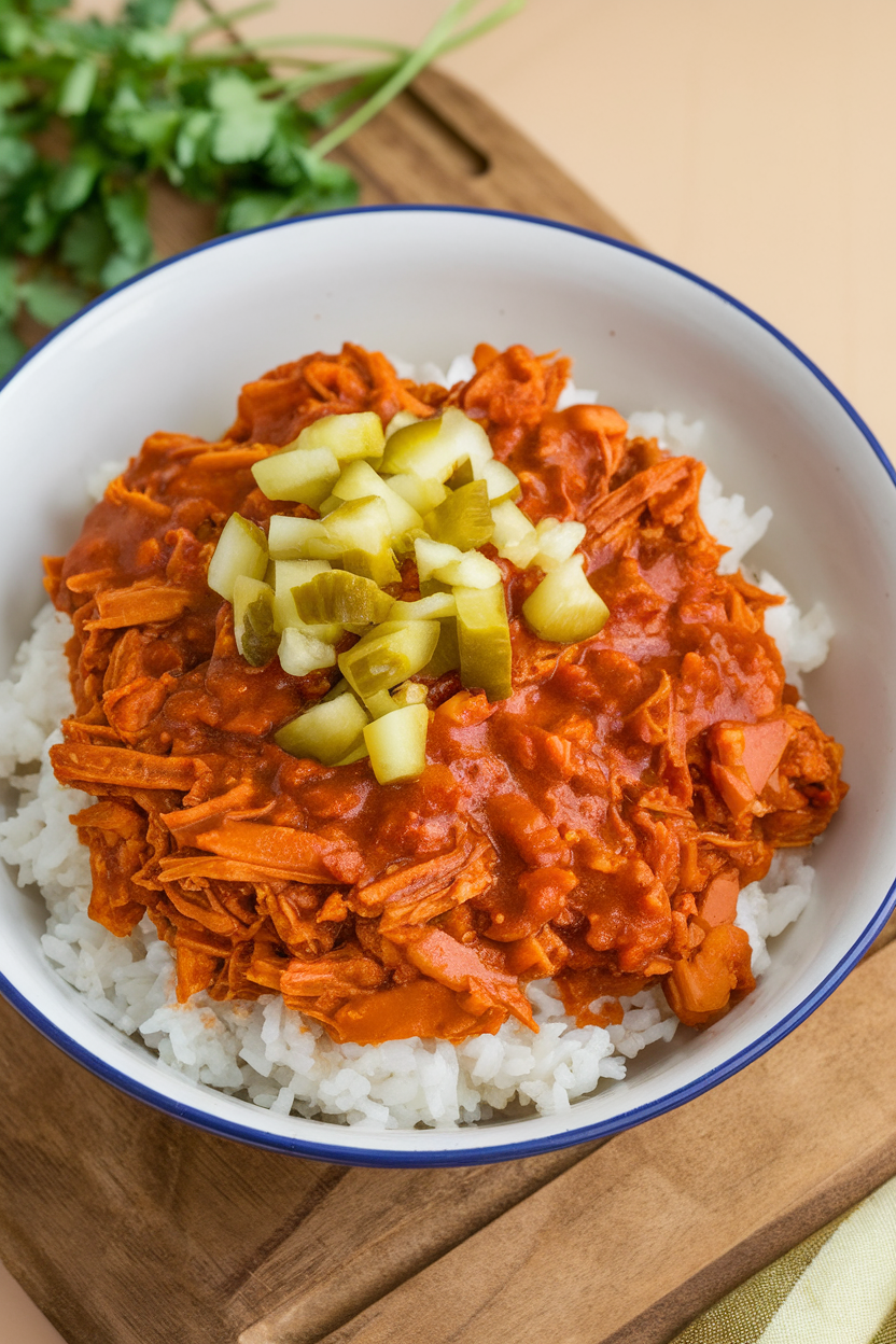 Indoor photo of shredded jackfruit chili with tangy sauce, topped with chopped pickles; no text or logos.