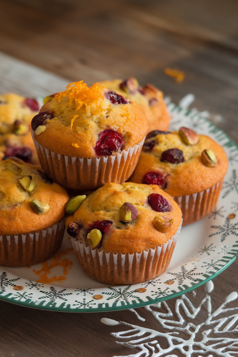 Indoor photo of orange cranberry pistachio muffins on a holiday plate, orange zest garnish, no text or logos