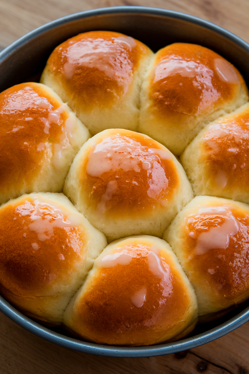 Indoor photo of golden pull-apart yeast rolls in a round baking pan, sheen of butter on top, no text or logos