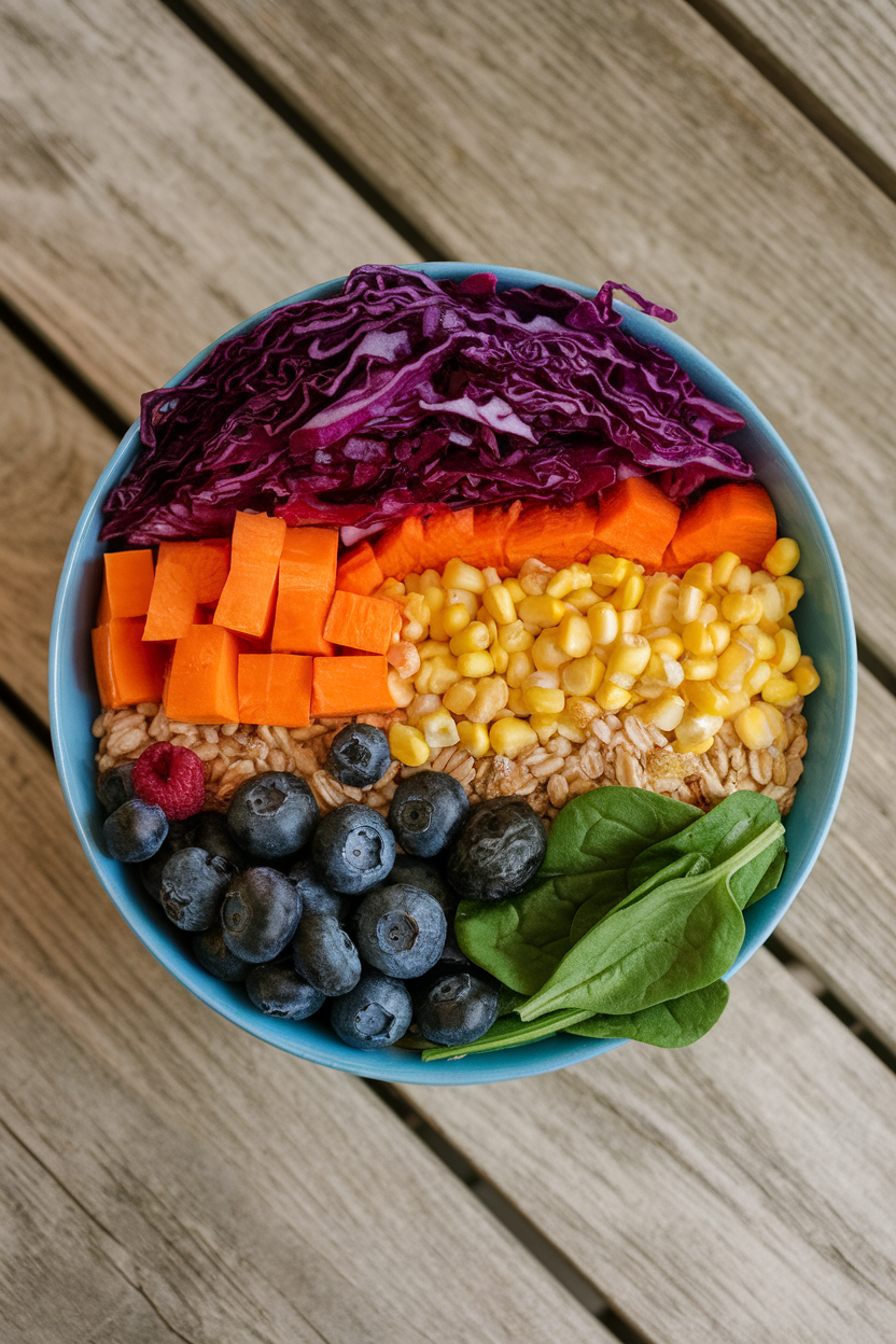 Indoor overhead shot of a rainbow grain bowl—red cabbage, orange sweet potato, yellow corn, green spinach, blueberries—no text or logos. Photo.