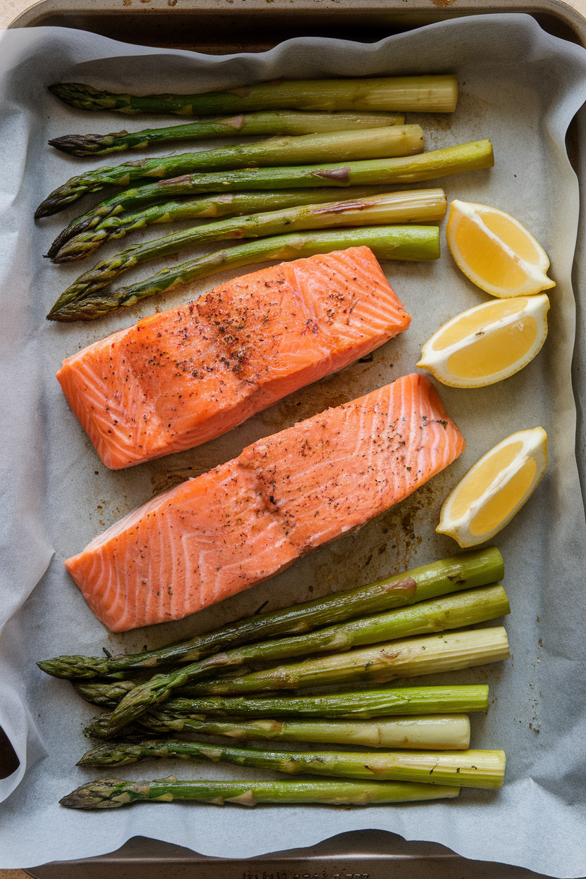 An indoor oven tray lined with parchment showing flaky cooked salmon fillets and roasted asparagus spears, lemon wedges nearby; no text or logos, photo not illustration.