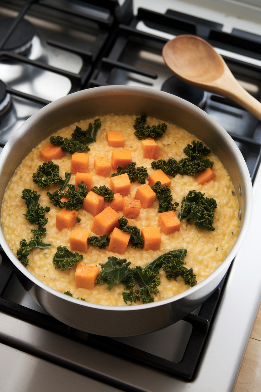 An indoor stovetop scene with a pot of creamy risotto dotted with orange butternut cubes and ribbons of deep green kale, a wooden spoon resting nearby. No text or logos. Photo.
