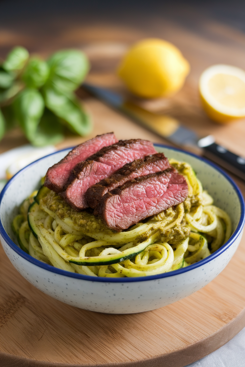 Indoor bowl of zucchini noodles tossed in pesto, topped with rare steak strips. No text or logos; photo.</p