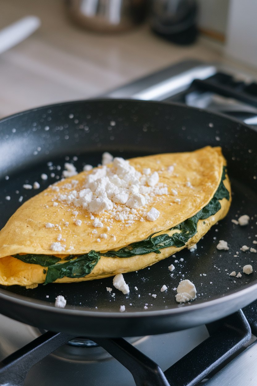 Indoor stovetop photo of a folded omelet speckled with wilted spinach and crumbled feta on a non-stick skillet. No text or logos. Photo.