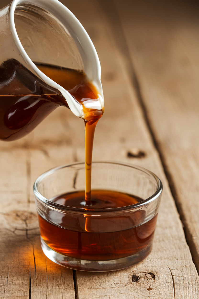 Indoor photo of dark maple syrup being poured from a small pitcher into a clear glass ramekin; no text or logos