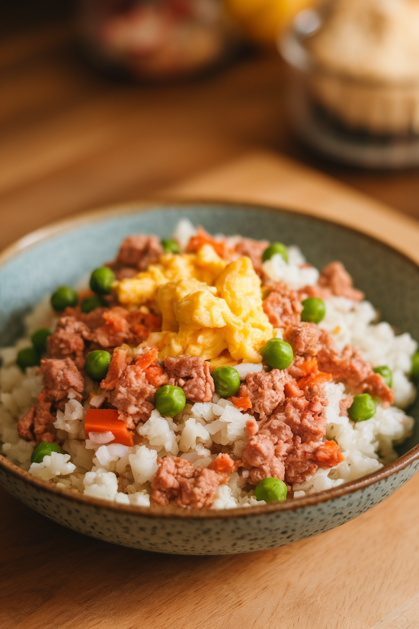 Indoor photo of a shallow bowl holding cauliflower rice tossed with ground turkey, peas, carrots, and scrambled egg, no text or logos.