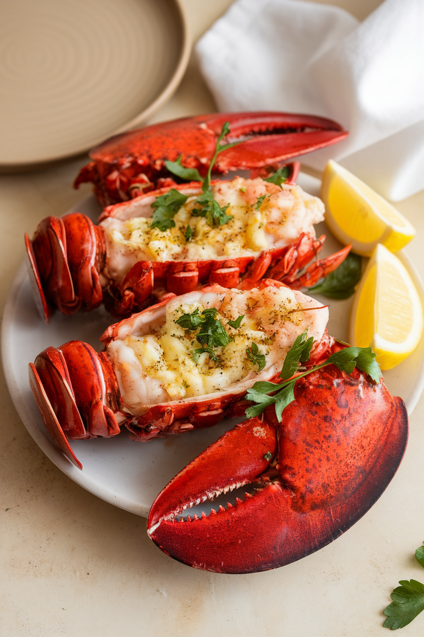 Indoor tabletop view of broiled lobster tails split open, meat brushed with melted garlic butter and sprinkled with parsley, accompanied by lemon wedges. No logos, purely photographic.