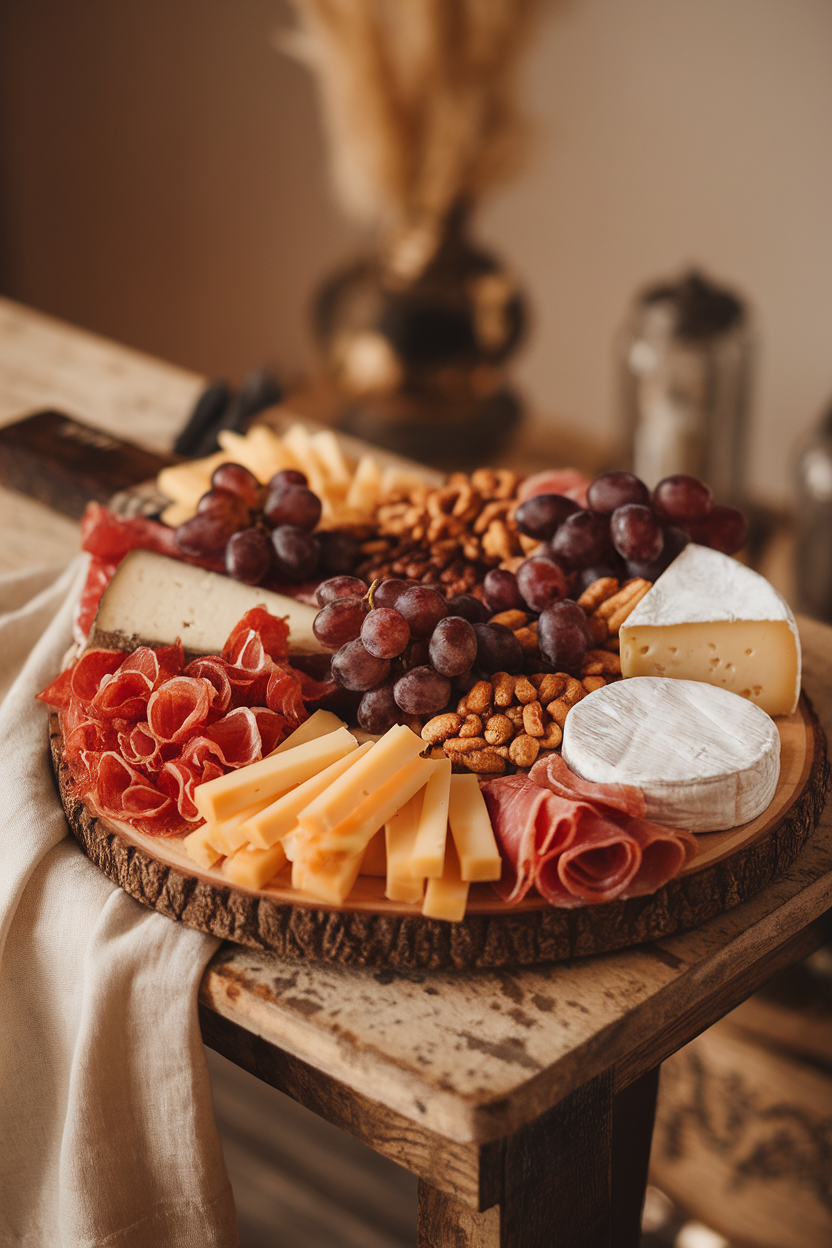 Indoor photo of a wooden board filled with assorted cheeses, cured meats, nuts, and grapes; no text or logos
