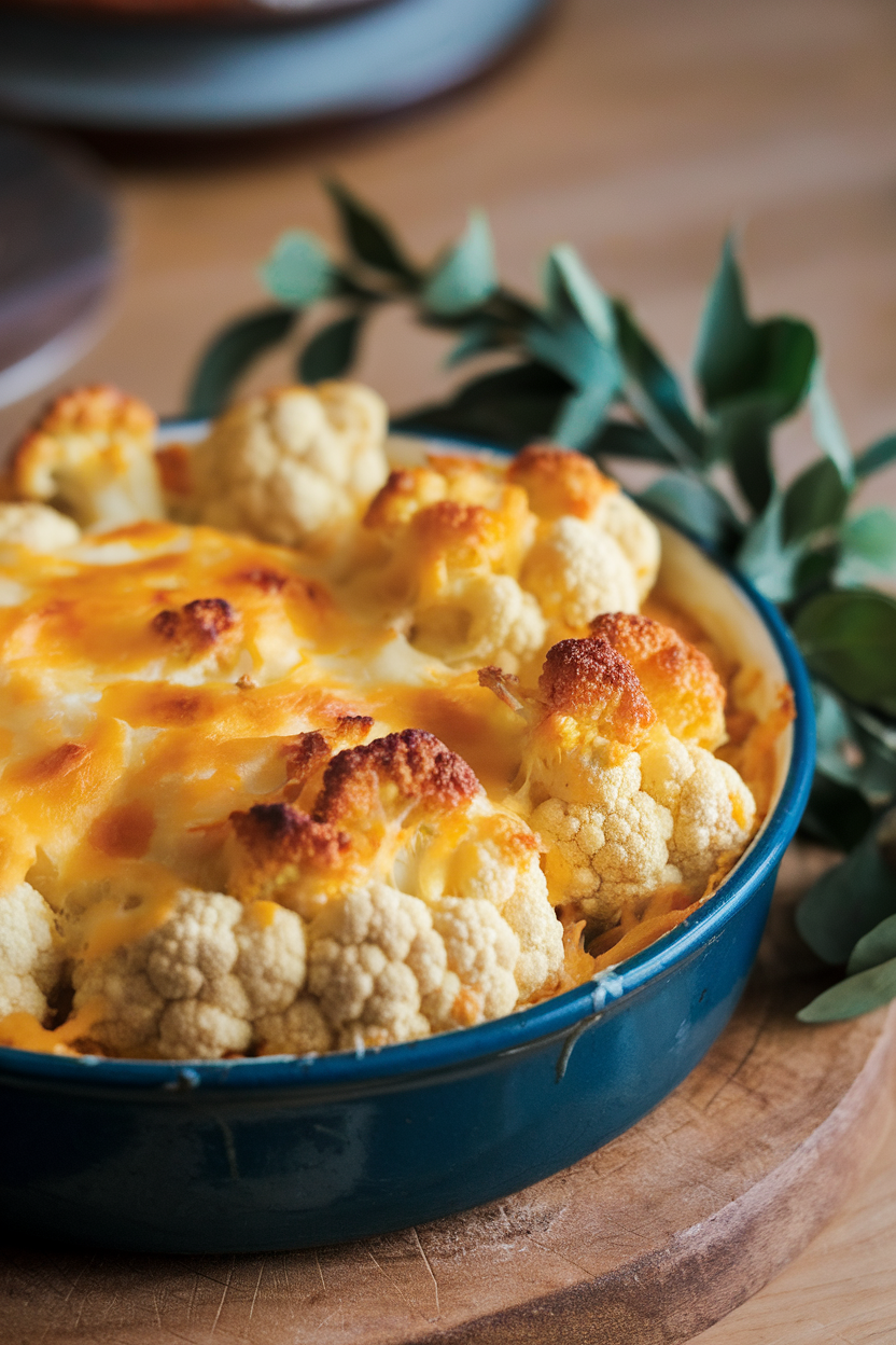 An indoor casserole dish of bubbly cauliflower florets coated in cheese sauce, browned crust on top, photo, no text or logos.
