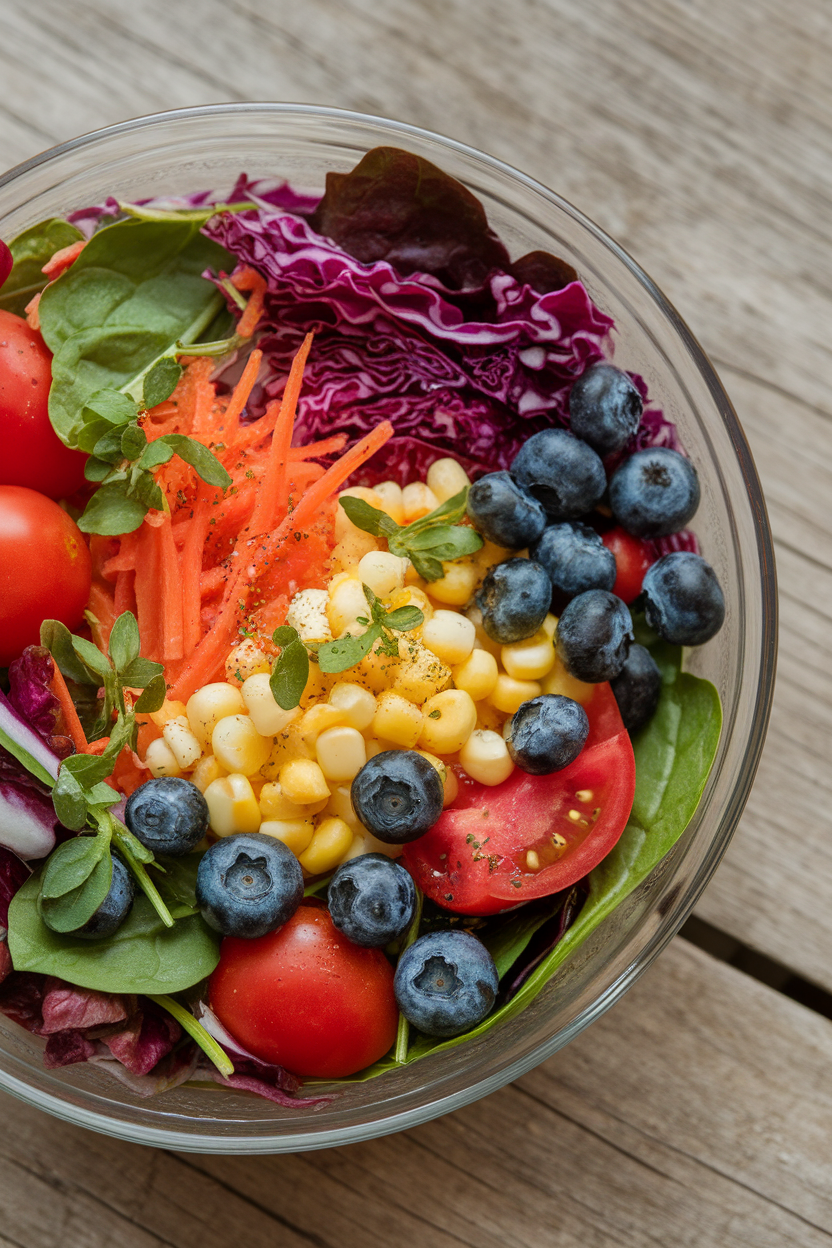 Indoor photo of a vibrant salad featuring red tomatoes, orange carrots, yellow corn, green spinach, blueberries, and purple cabbage in a glass bowl; no text or logos.