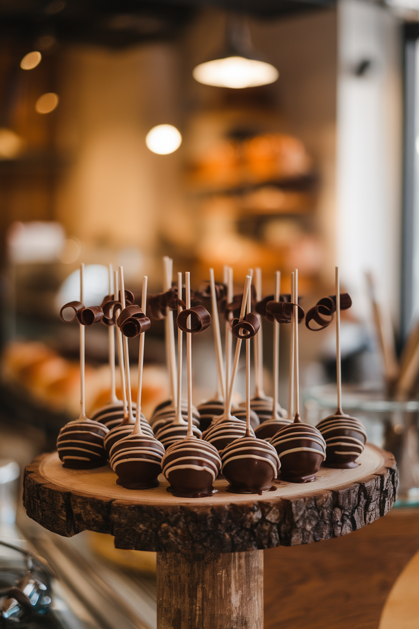 Photo, not illustration. Warm indoor German bakery vibe. Dark chocolate cake pops drizzled with cherry glaze and topped with a small chocolate curl, placed on a wooden board. No logos or text.