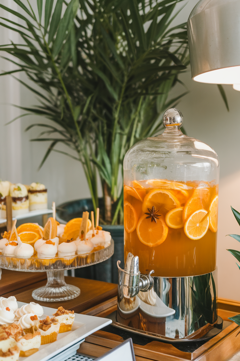 Indoor buffet with a glass dispenser of golden spiced rum punch, citrus slices and star anise visible. Photo, no text or logos.