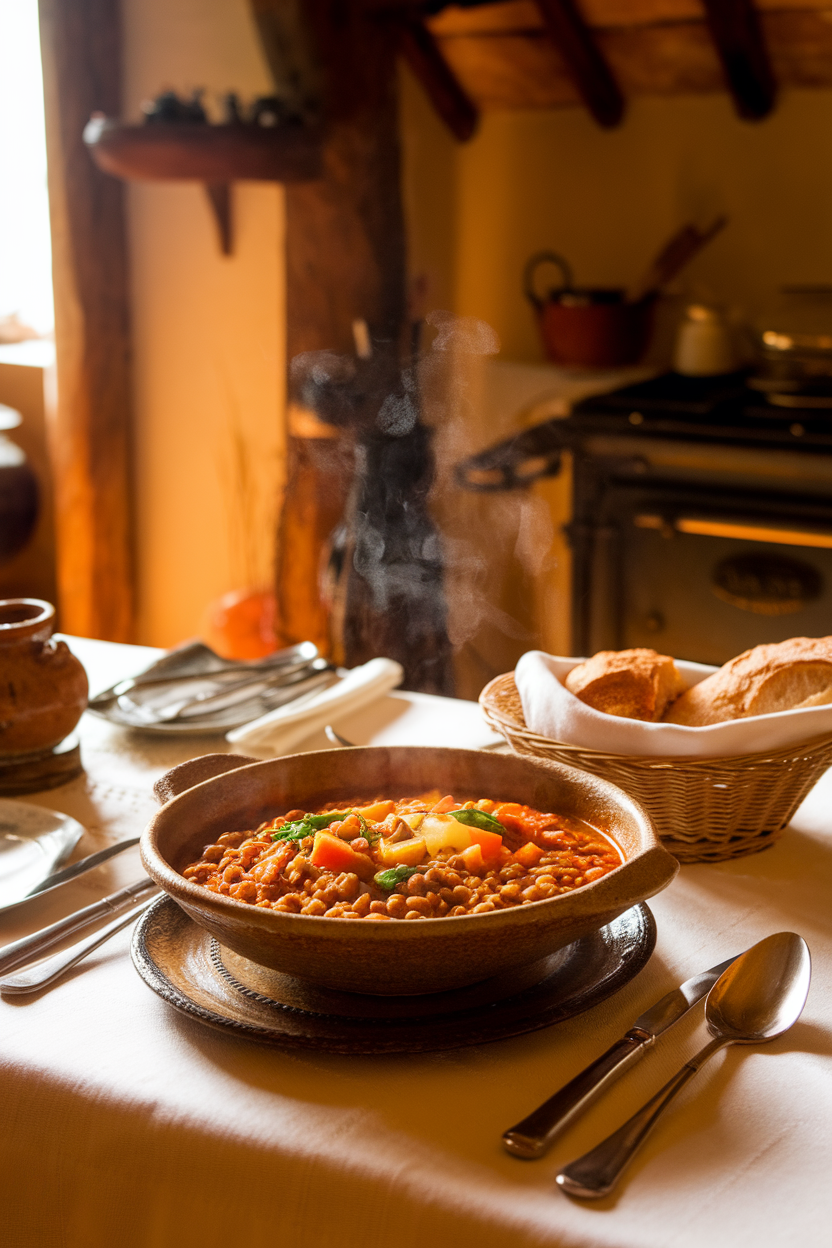 A warmly lit indoor dining table featuring a lentil and vegetable stew in a rustic bowl, steam rising, no logos.