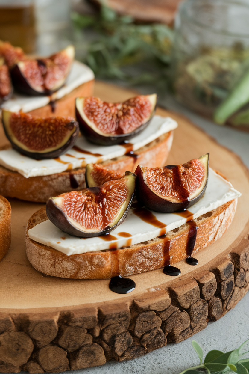 A wooden indoor board of toasted baguette slices topped with melted Brie and caramelized fig wedges, drizzled with balsamic. No text or logos anywhere.