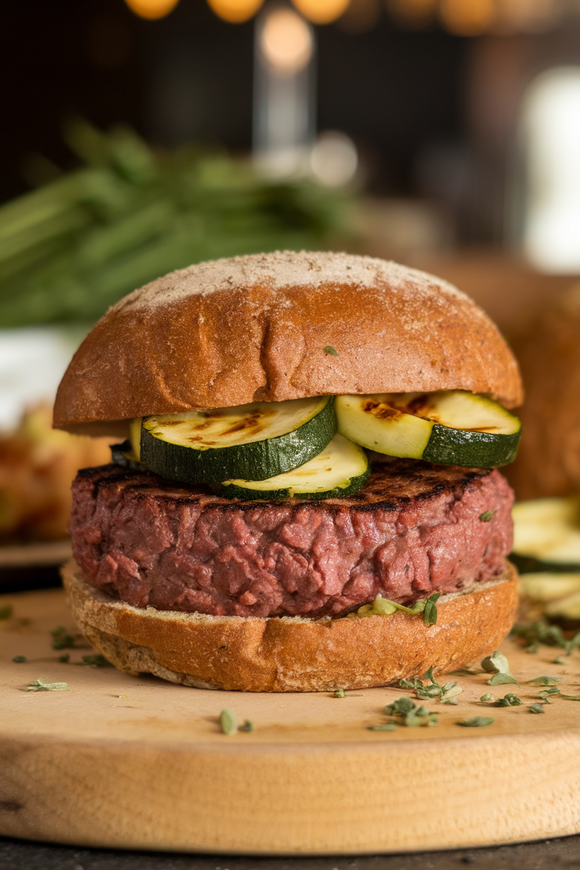 Photo of a beef burger sprinkled with cumin and coriander, topped with grilled zucchini ribbons on a whole-grain bun, indoor lighting; no text or logos; photo, not illustration