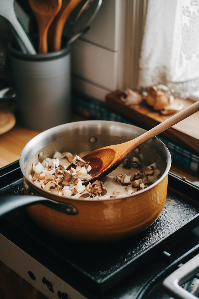Photo of a saucepan of mushroom miso gravy with wooden spoon inside, kitchen counter scene. No text or logos.