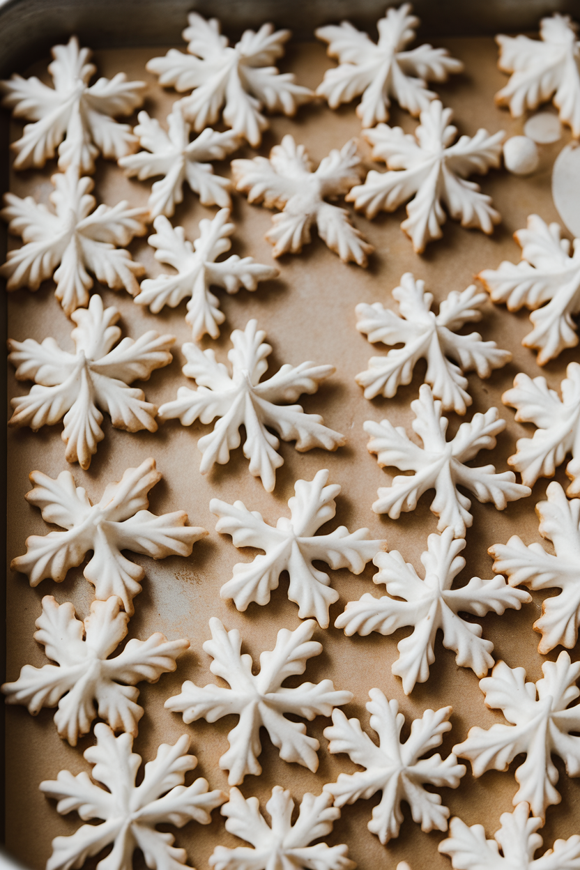 Indoor baking tray with delicate white meringue snowflake cookies, crisp edges catching light, no logos. Photo, not illustration.