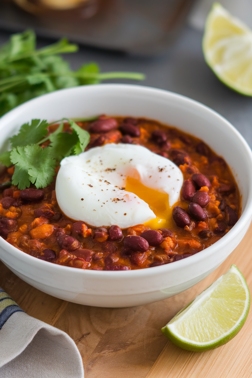 Indoor bowl of hearty black bean chili topped with a poached egg, cilantro, and lime wedge. No text or logos.