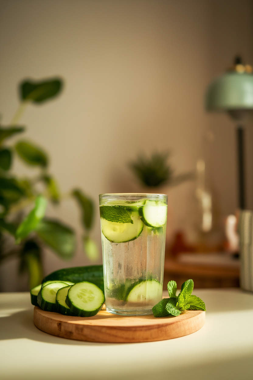 Softly lit indoor scene featuring a tall glass of cucumber-infused water beside sliced cucumbers and mint leaves, no text or logos. Photo.